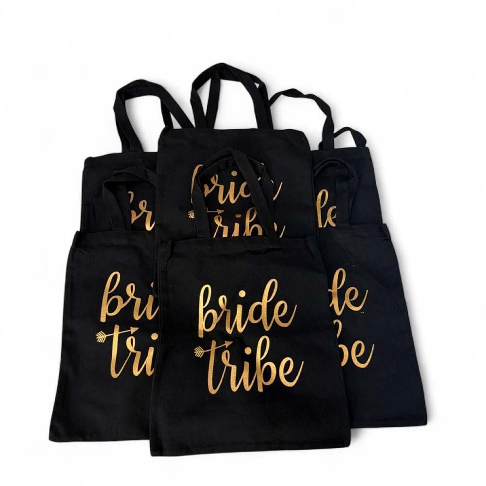 Set of 6 Bride Tribe Black Canvas Tote Bags Gold Lettering